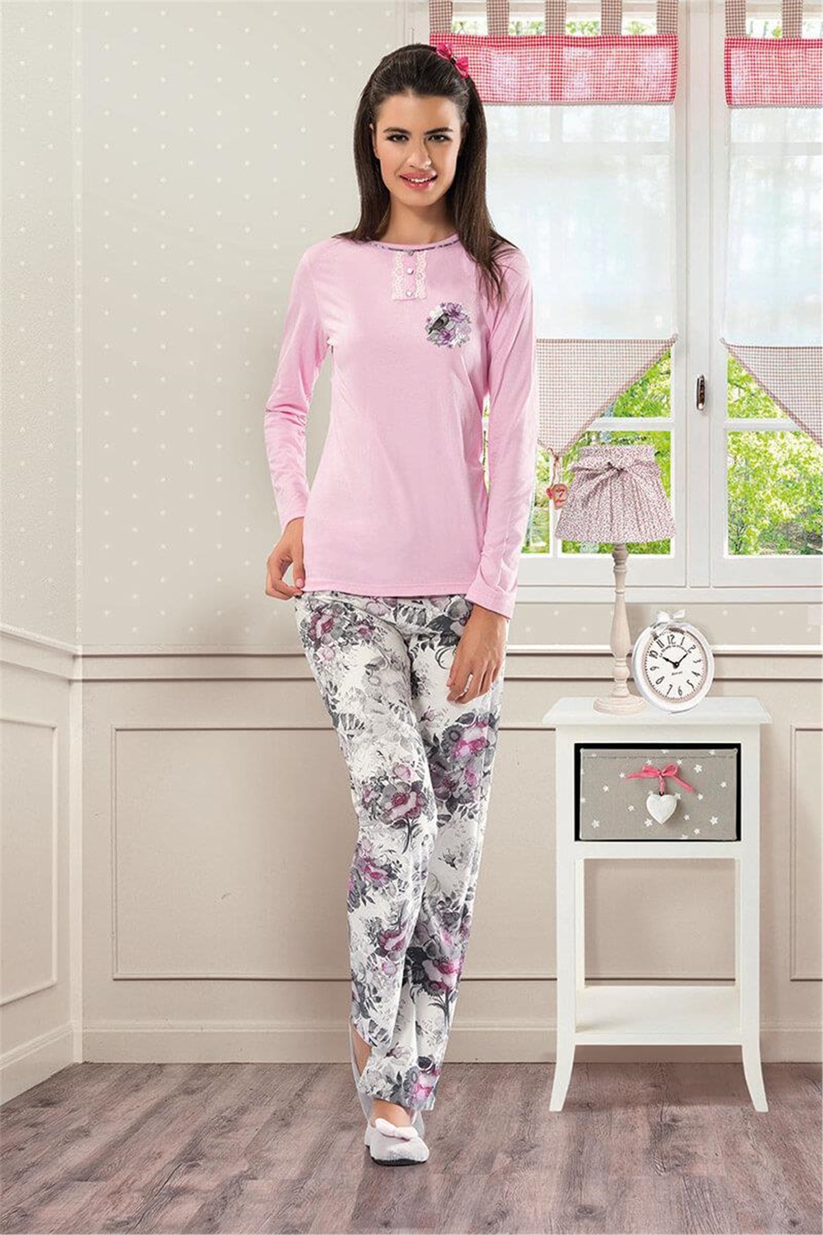 NBB 6937 Bayan  Uzun Kollu Çiçek Desenli Pijama Takımı