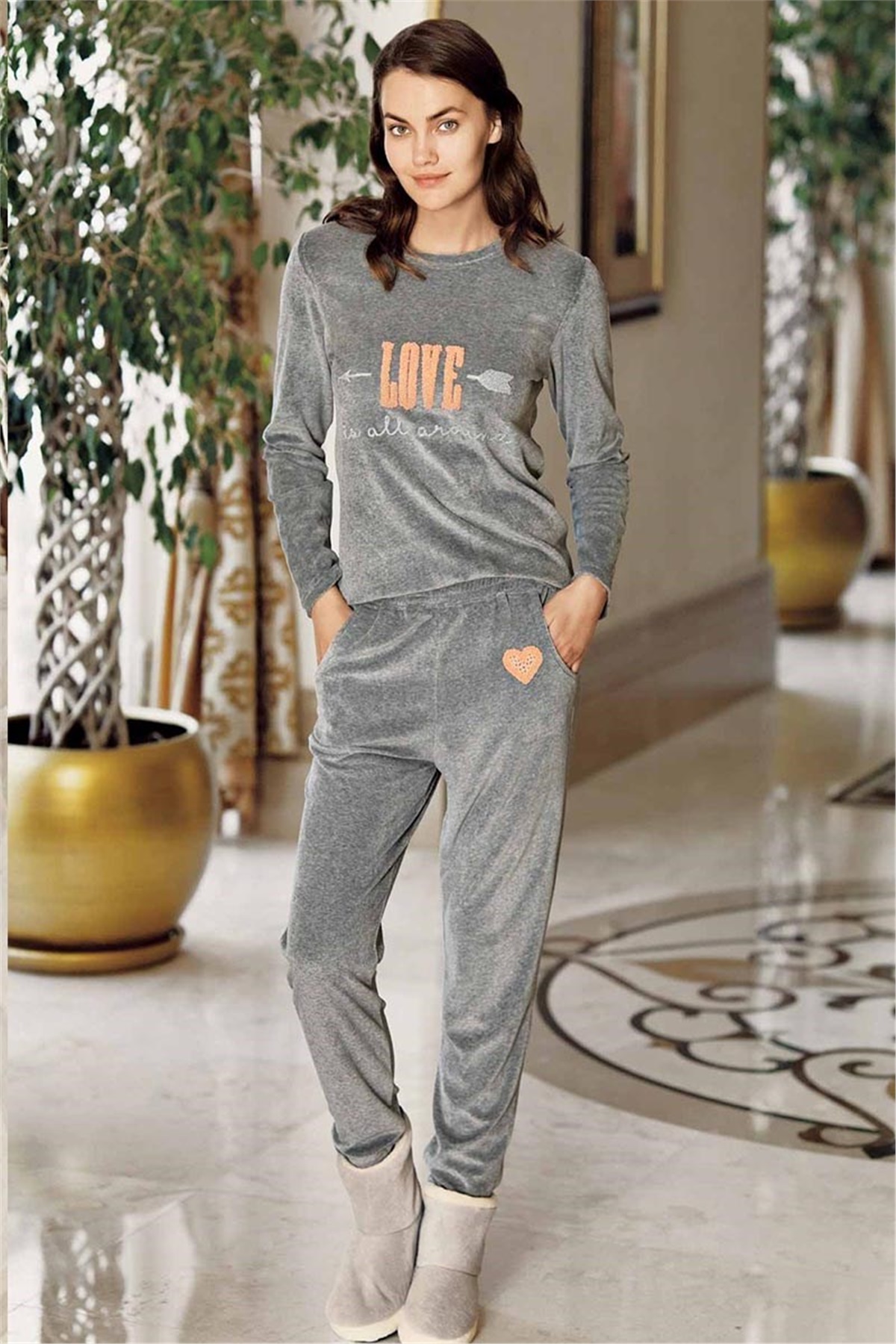 Bayan Kadife Pijama Takımı 1031 - Antrasit 