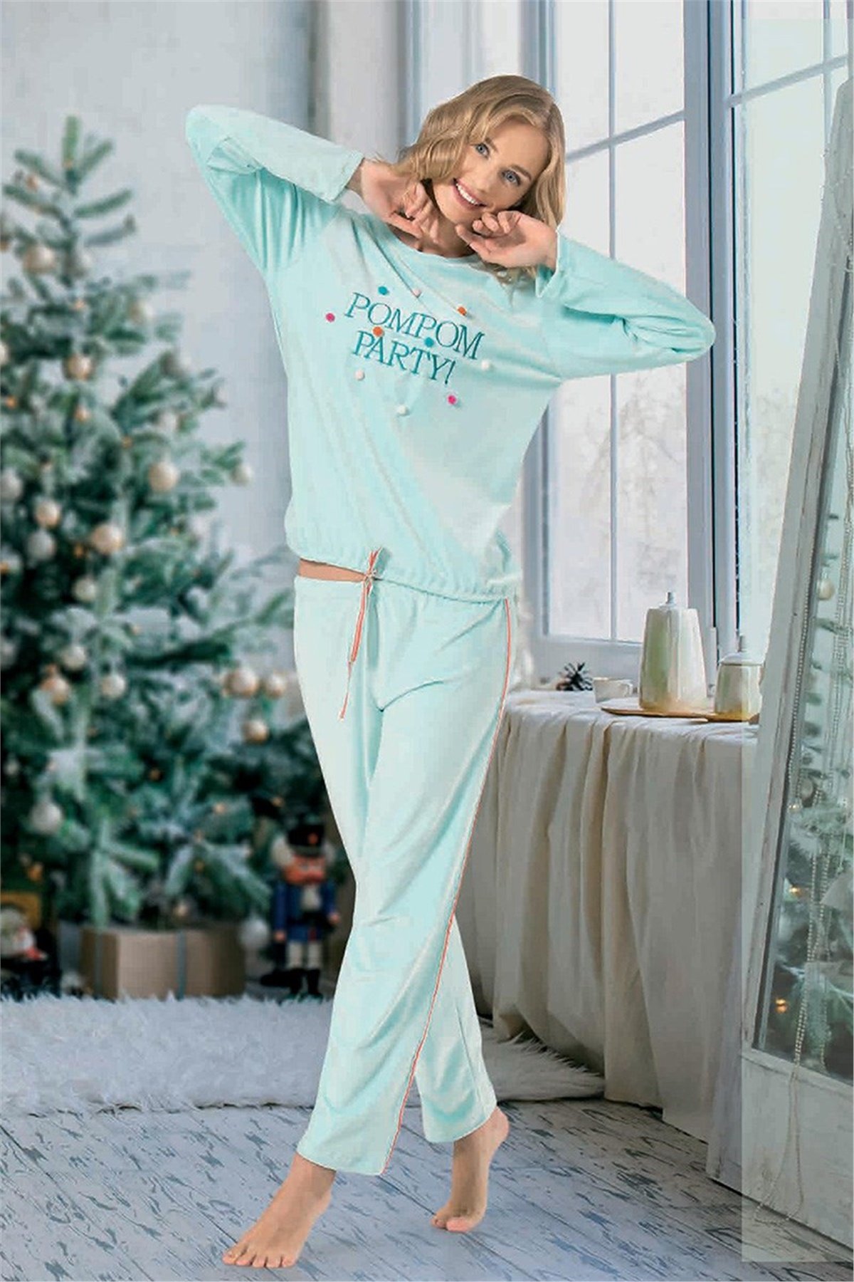 NBB Ponponlu Kadın Pijama Gecelik Takımı 66631