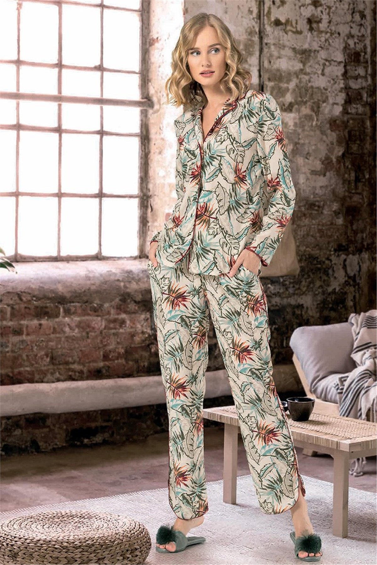 NBB Tropical Desenli Uzun Kol Kadın Pijama Takımı  66604