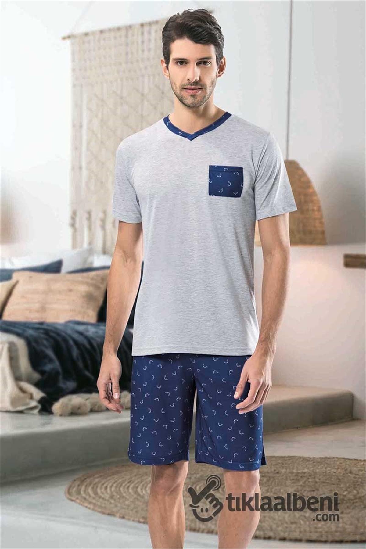 NNB 7850 V Yaka Baskılı Şortlu Ekoseli Kısa Kollu Erkek Pijama