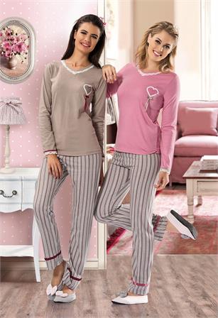 NBB 6930 Bayan V Yaka Çizgi Desenli Pijama Takımı