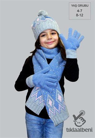 Kız Çocuk Atkı Bere Eldiven Üçlü Takım - FO-5091 Mavi