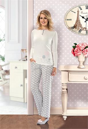 NBB 6945 Bayan Uzun Kollu Bulut Desenli Pijama Takımı