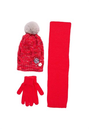 Kırmızı Ponponlu Kız Çocuk Atkı Bere Eldiven Takımı - K9960