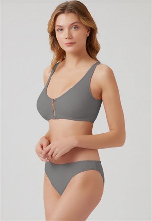 Kom Bikini Modelleri, Gri Fermuar Detaylı Kadın Bikini KM207-2